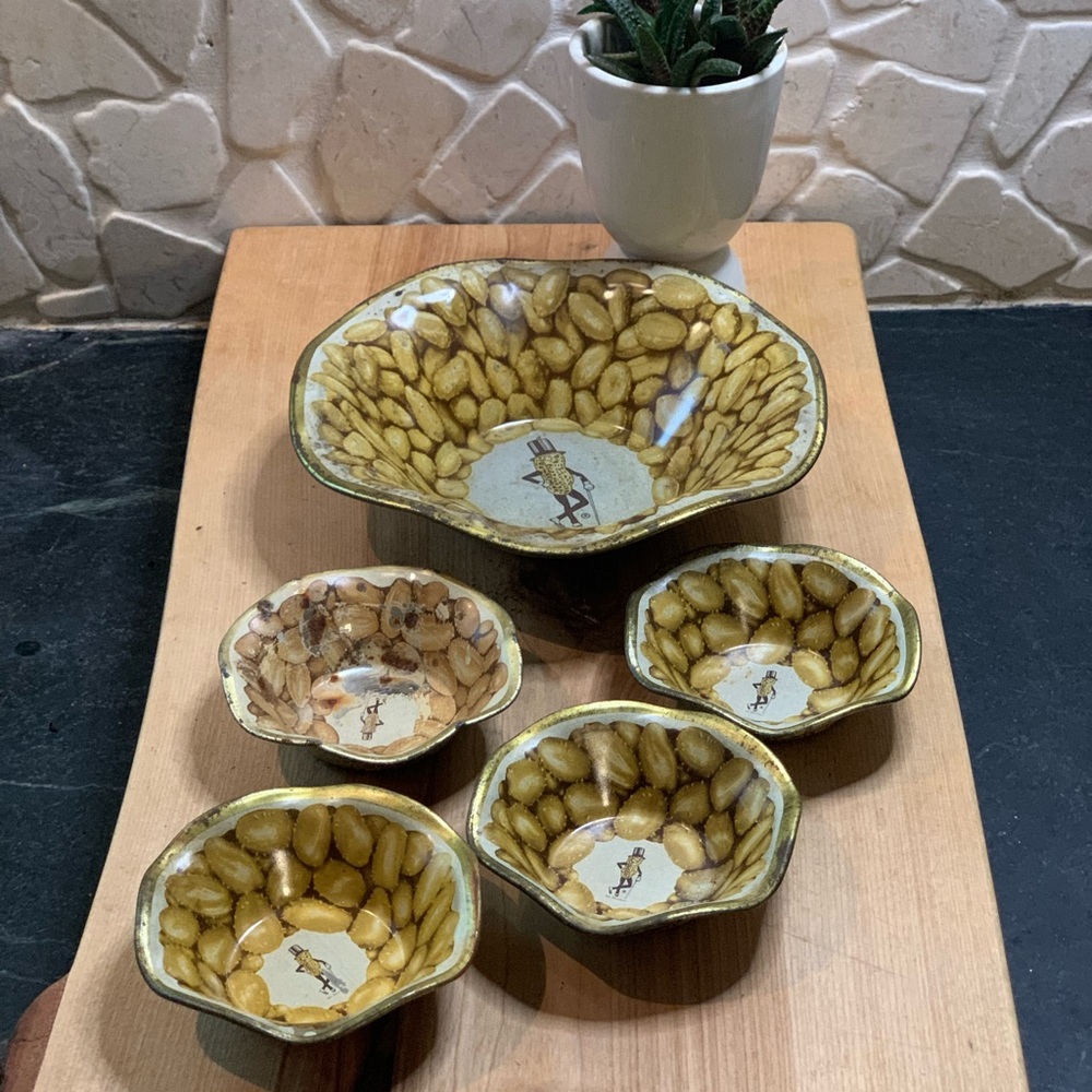 PLANTERS | 5 Piece Set | Vintage Lithographed Metal Peanut Snack Bowls (2 of 2)